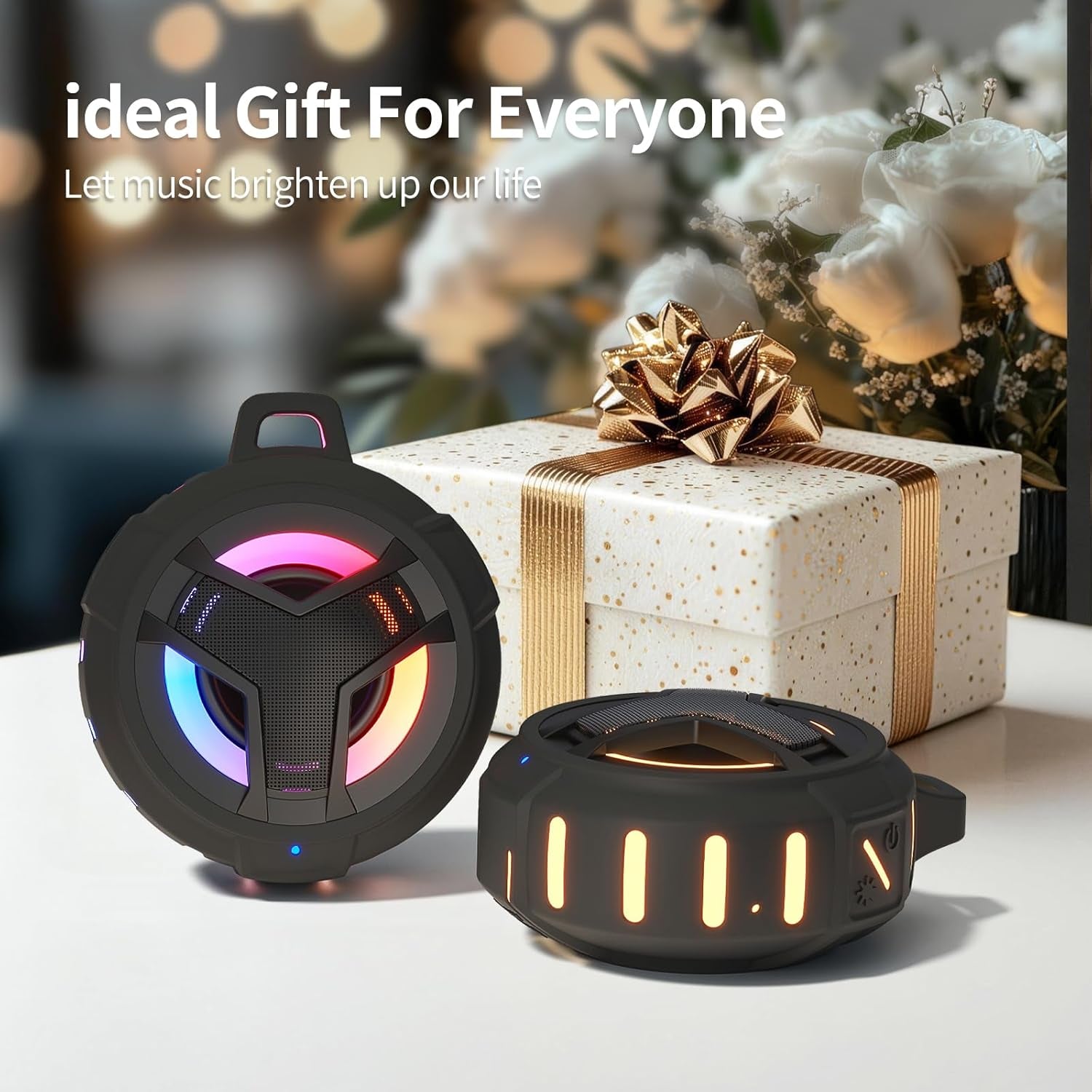 Bluetooth Shower Speaker, Portable Bluetooth Speakers, IP67 Waterproof Wireless Speaker with LED Light, Floating, 2000Mah, True Wireless Stereo for Kayak, Beach, Gifts for Unisex -Black