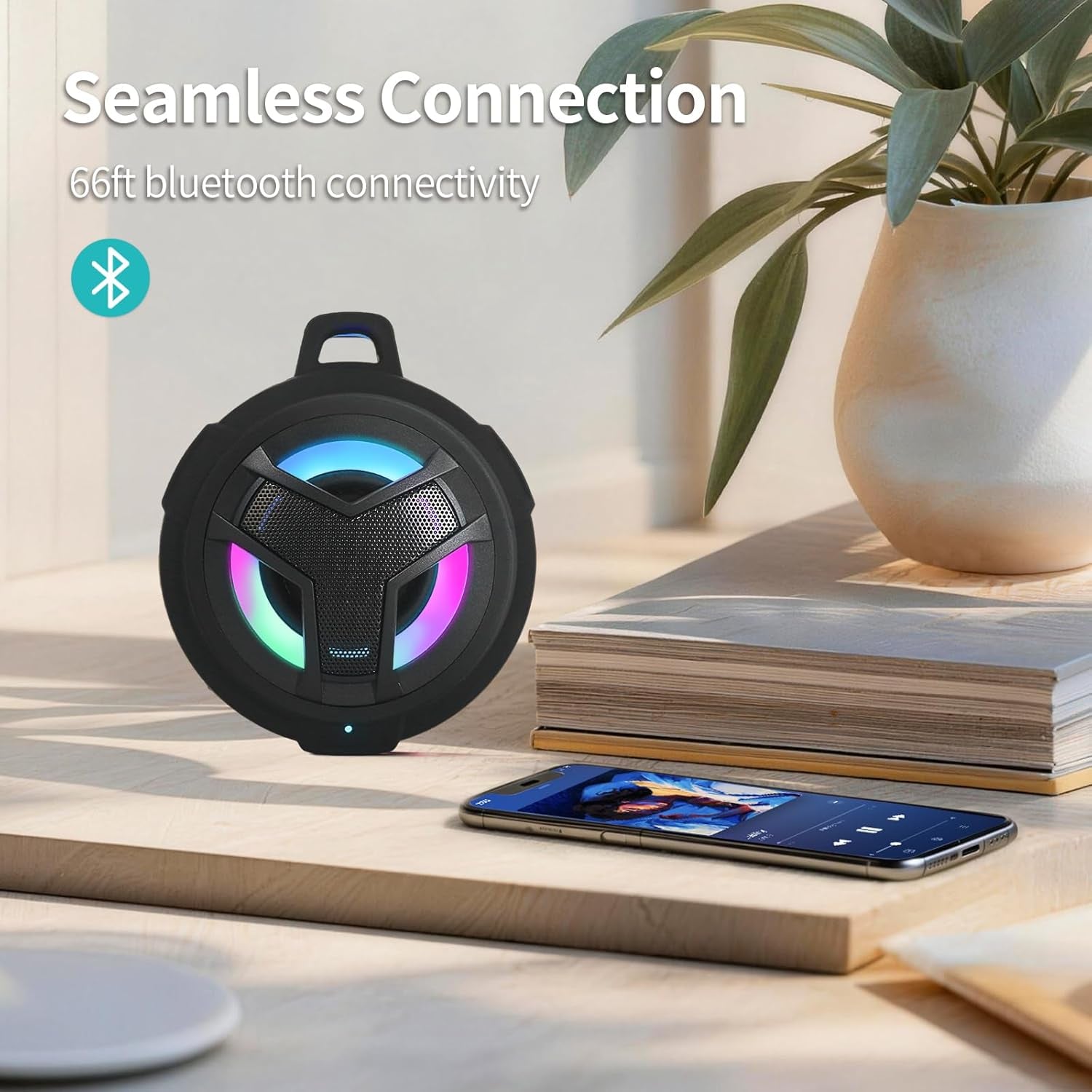 Bluetooth Shower Speaker, Portable Bluetooth Speakers, IP67 Waterproof Wireless Speaker with LED Light, Floating, 2000Mah, True Wireless Stereo for Kayak, Beach, Gifts for Unisex -Black