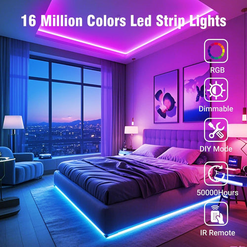 100FT LED Strip Lights for Bedroom RGB Color Changing | 24-Key IR Remote Control, Smart App Control, Music Sync, Room Home Decor Lighting