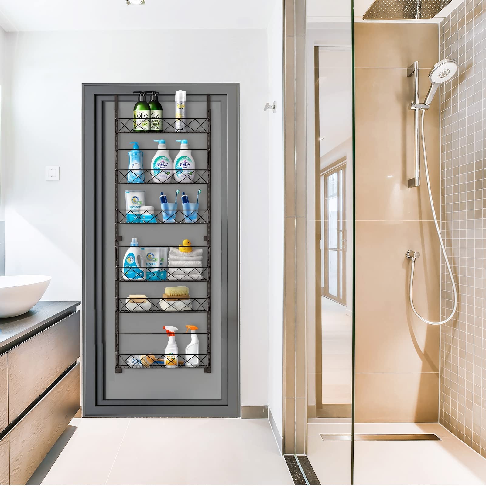 Maximize Your Space with the 6-Tier Adjustable Over the Door Pantry Organizer Rack in Elegant Bronze