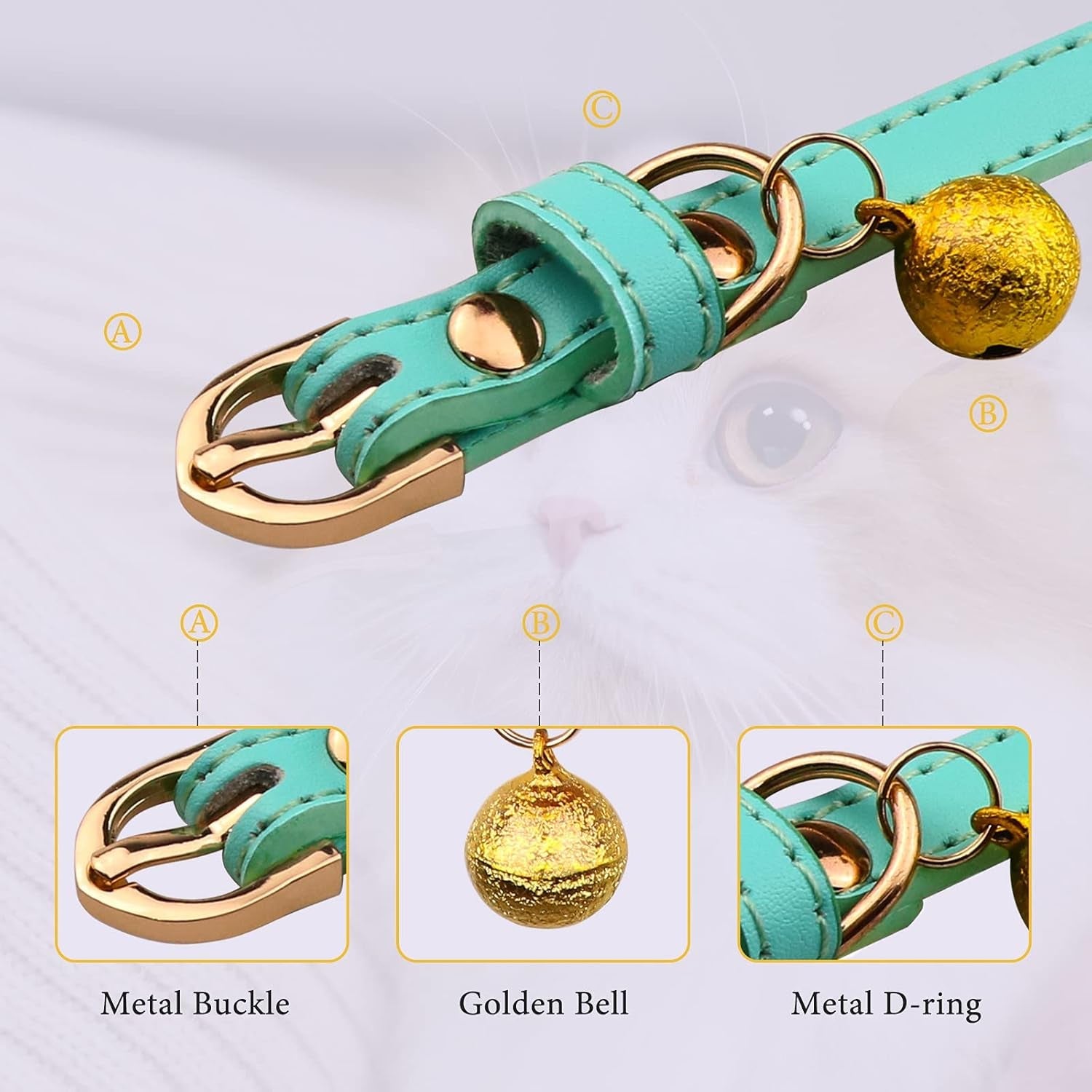 Vibrant 3 Pack Leather Cat Collars with Golden Bells – Stylish Safety for Your Feline Friends in Orange, Yellow, and Mint Green