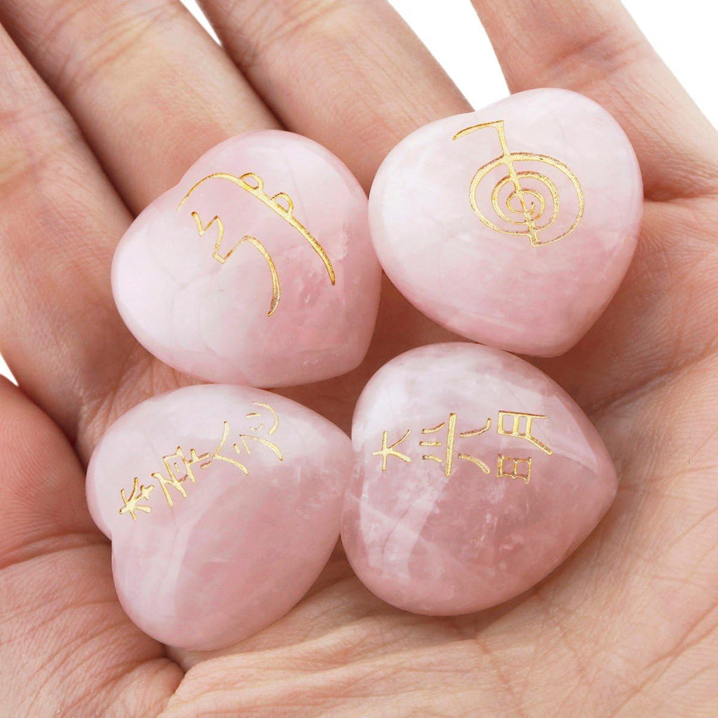 rockcloud Healing Crystal 4pcs Rose Quartz Heart Love Stones Hand Carved Worry Stones Palm Pocket Stone Reiki Balancing