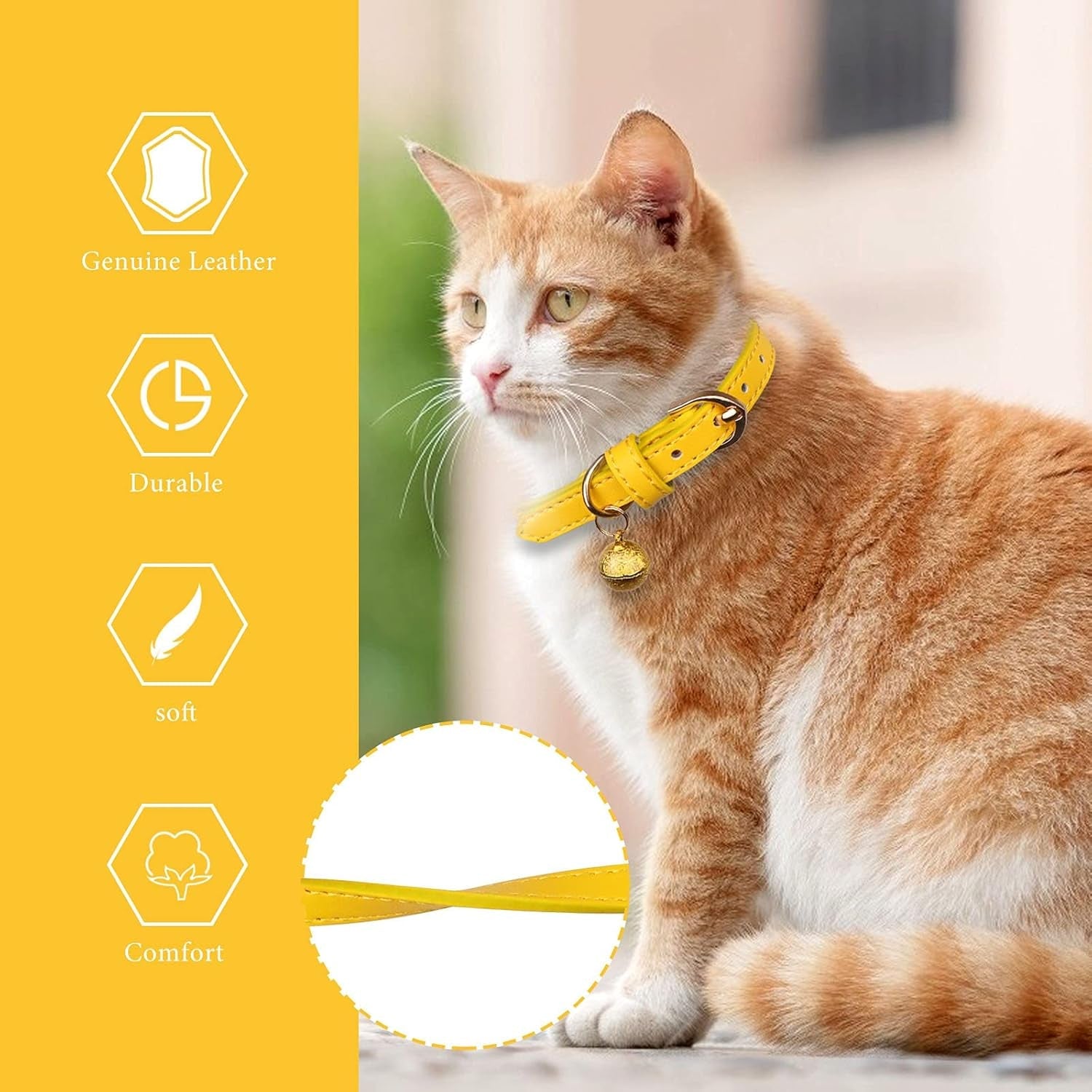Vibrant 3 Pack Leather Cat Collars with Golden Bells – Stylish Safety for Your Feline Friends in Orange, Yellow, and Mint Green