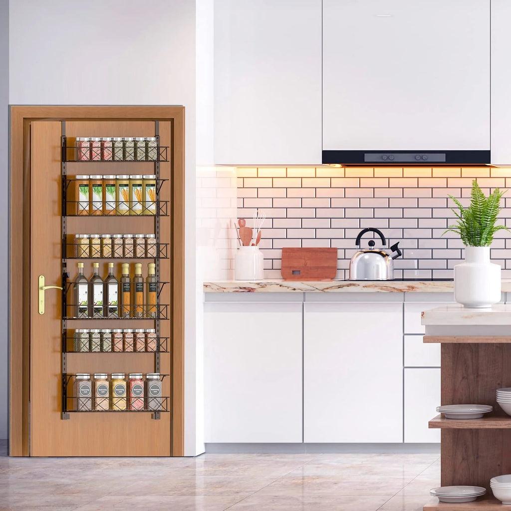 Maximize Your Space with the 6-Tier Adjustable Over the Door Pantry Organizer Rack in Elegant Bronze