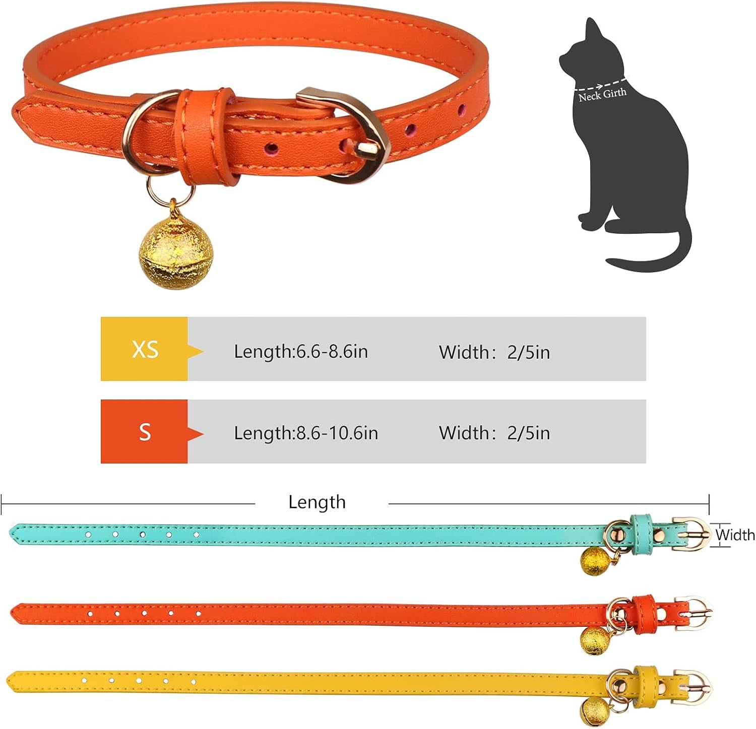Vibrant 3 Pack Leather Cat Collars with Golden Bells – Stylish Safety for Your Feline Friends in Orange, Yellow, and Mint Green