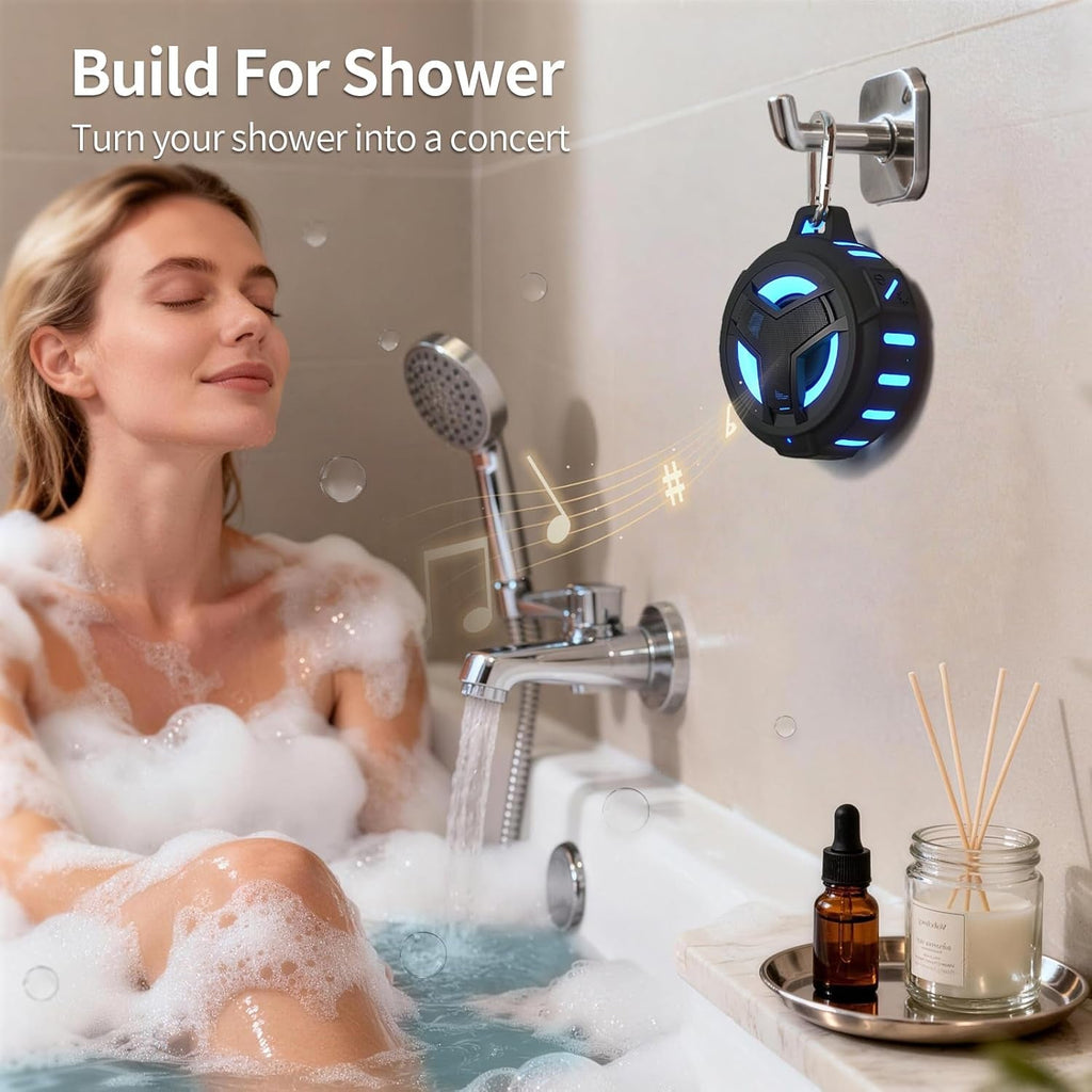 Bluetooth Shower Speaker, Portable Bluetooth Speakers, IP67 Waterproof Wireless Speaker with LED Light, Floating, 2000Mah, True Wireless Stereo for Kayak, Beach, Gifts for Unisex -Black