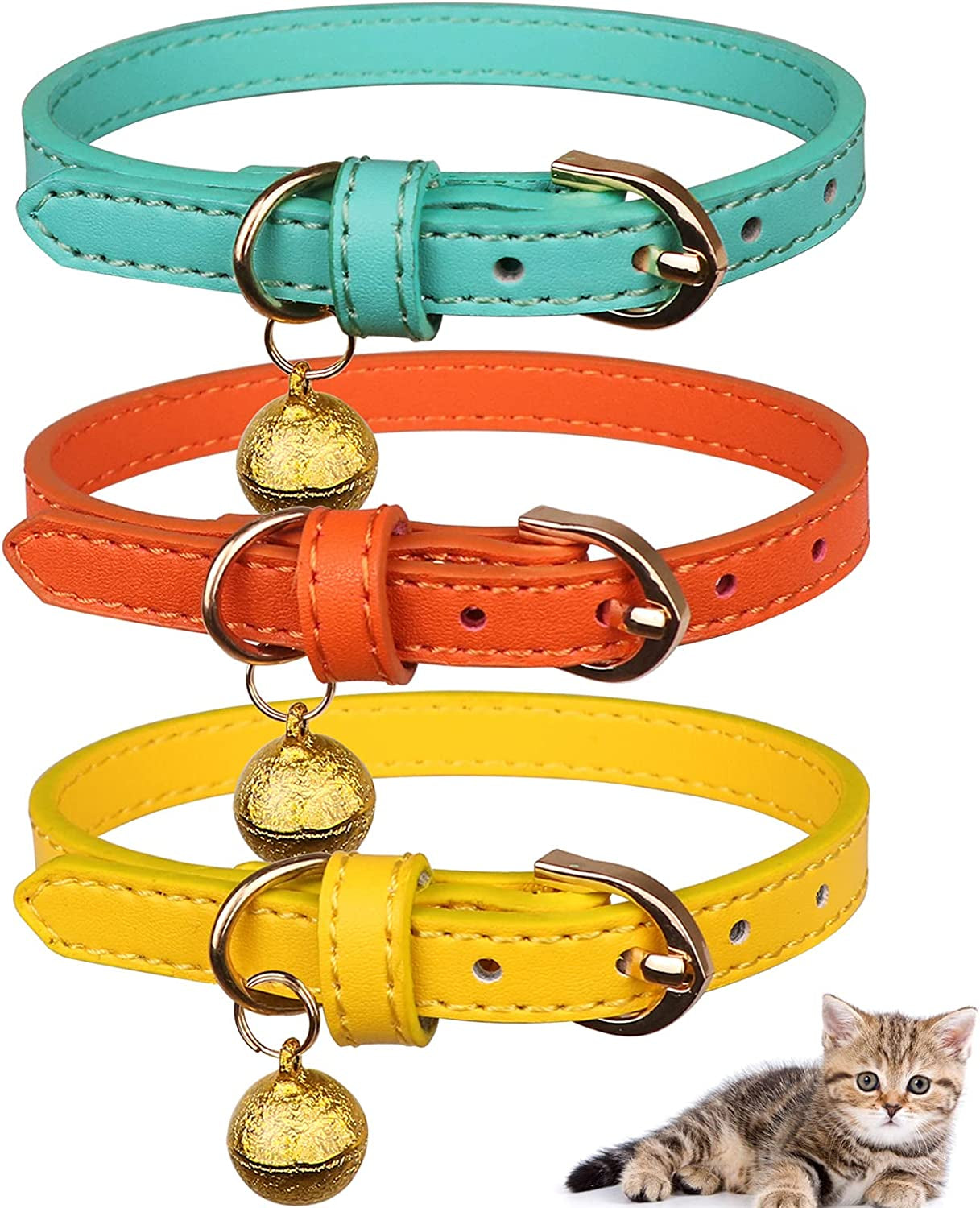 Vibrant 3 Pack Leather Cat Collars with Golden Bells – Stylish Safety for Your Feline Friends in Orange, Yellow, and Mint Green
