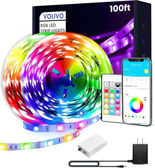 100FT LED Strip Lights for Bedroom RGB Color Changing | 24-Key IR Remote Control, Smart App Control, Music Sync, Room Home Decor Lighting